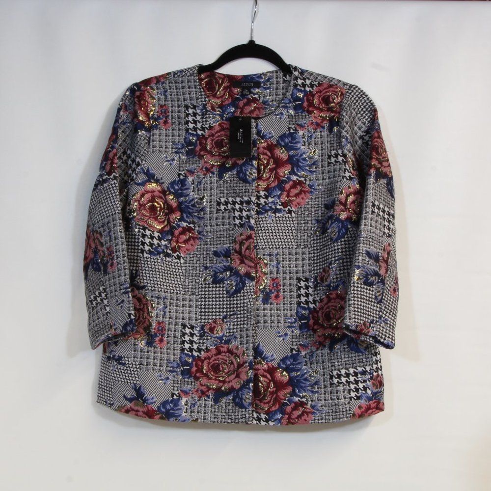 Alfani Petite Berry Shimmer Floral Bubble Sleeve Blazer Jacket NWT